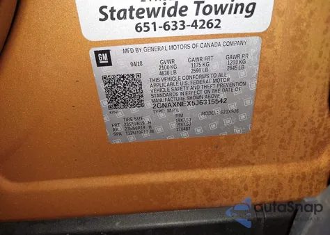 2018 Chevrolet Equinox Premier из США, поврежденный, VIN 2GNAXNEX5J6315542